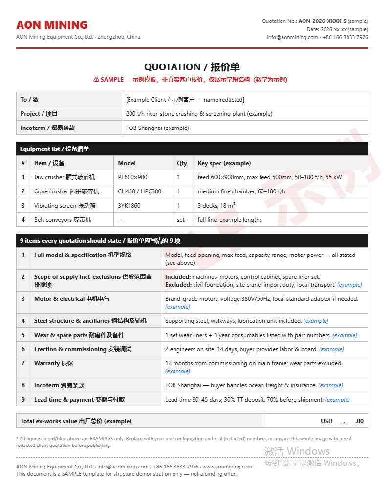   Sample crusher quotation template — 9 items to check (structure only)